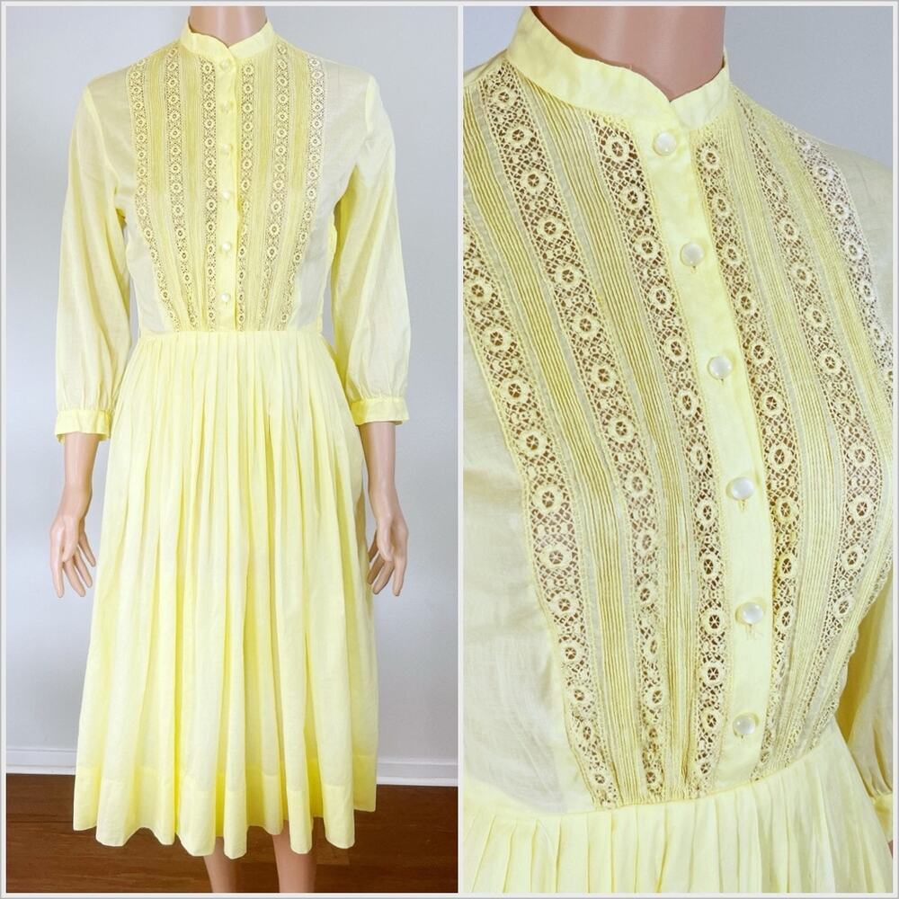 Vintage 1950s Yellow Cotton Eyelet‎ Embroidered Shirtwaist Dress // Size XS